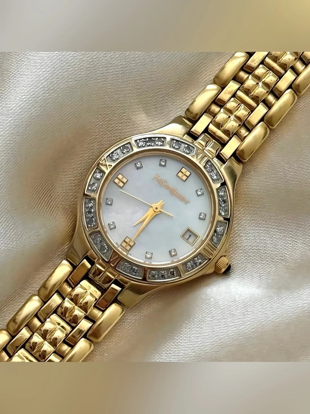 AUTHENTIC VINTAGE YVES SAINT LAURENT GOLD WATCH - MOTHER-OF-PEARL DIAL